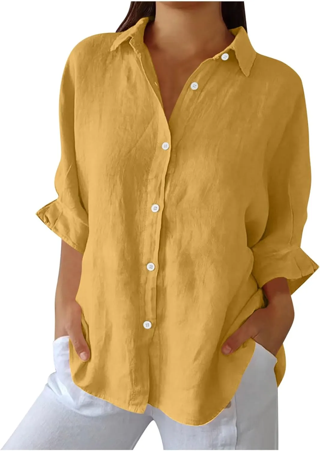 Women Casual Half Sleeve Button Down Shirts Summer Solid Casual Cotton Linen Tops Tie Back Design Fashion T Shirt