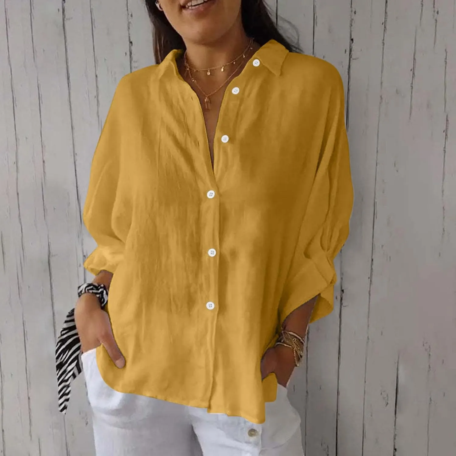 Women Casual Half Sleeve Button Down Shirts Summer Solid Casual Cotton Linen Tops Tie Back Design Fashion T Shirt