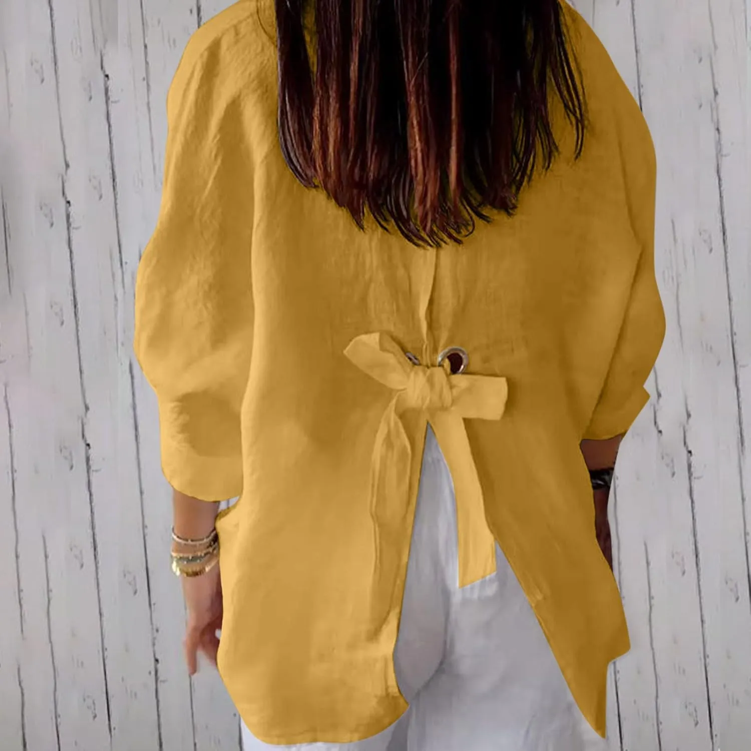 Women Casual Half Sleeve Button Down Shirts Summer Solid Casual Cotton Linen Tops Tie Back Design Fashion T Shirt