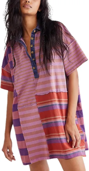 Women Contrast Striped Babydoll Dress Y2k Summer Patchwork Mini T- Shirt Dress Vintage V Neck Short Sleeve Sundress