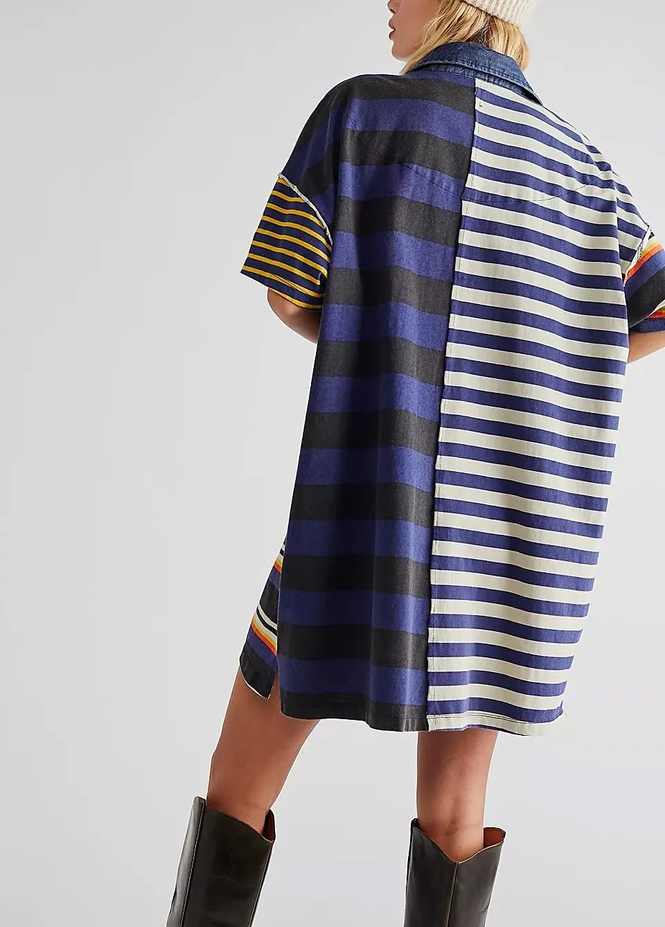 Women Contrast Striped Babydoll Dress Y2k Summer Patchwork Mini T- Shirt Dress Vintage V Neck Short Sleeve Sundress