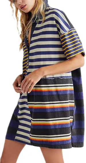 Women Contrast Striped Babydoll Dress Y2k Summer Patchwork Mini T- Shirt Dress Vintage V Neck Short Sleeve Sundress