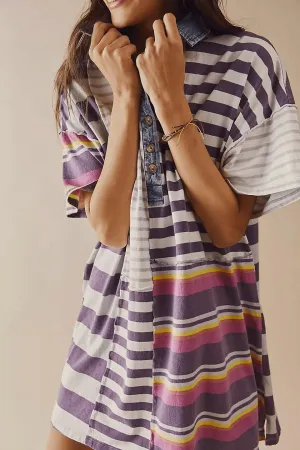 Women Contrast Striped Babydoll Dress Y2k Summer Patchwork Mini T- Shirt Dress Vintage V Neck Short Sleeve Sundress