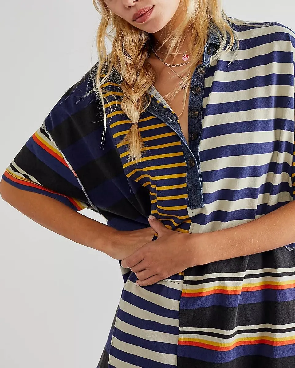 Women Contrast Striped Babydoll Dress Y2k Summer Patchwork Mini T- Shirt Dress Vintage V Neck Short Sleeve Sundress