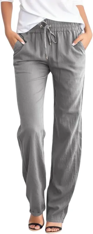 Women Cotton and Linen Summer Palazzo Pants Flowy Wide Leg Beach Pants High Waist Comfy Trousers with Pockets