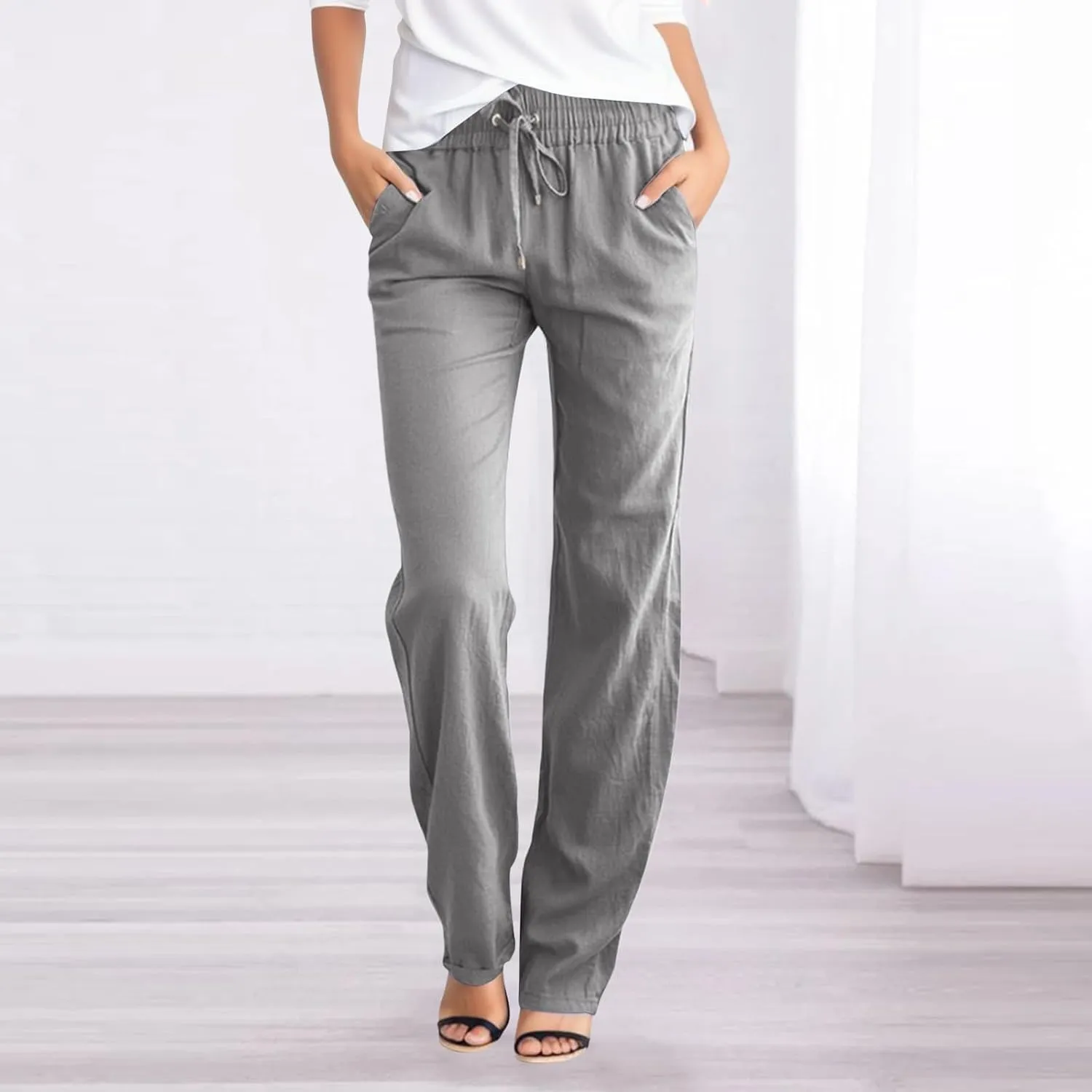 Women Cotton and Linen Summer Palazzo Pants Flowy Wide Leg Beach Pants High Waist Comfy Trousers with Pockets
