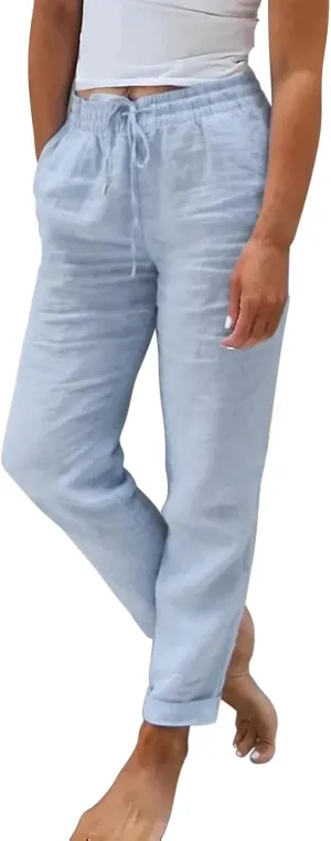 Women Cotton and Linen Summer Palazzo Pants Flowy Wide Leg Beach Pants High Waist Comfy Trousers with Pockets