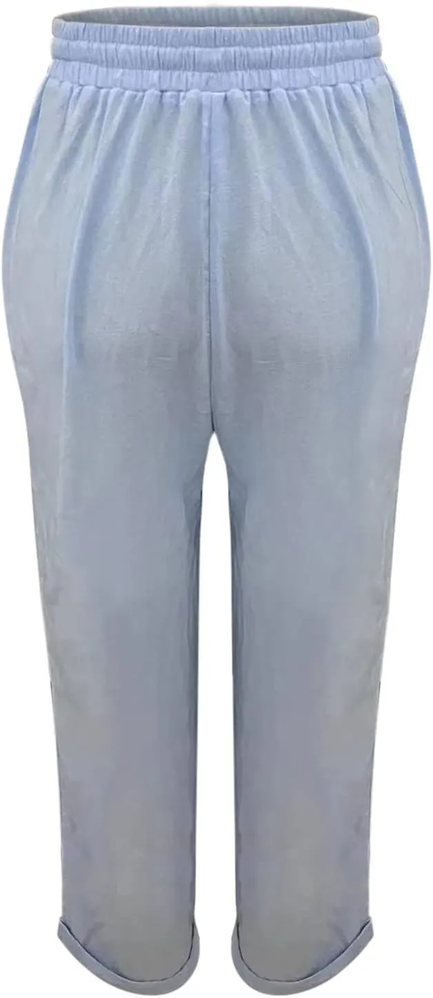 Women Cotton and Linen Summer Palazzo Pants Flowy Wide Leg Beach Pants High Waist Comfy Trousers with Pockets