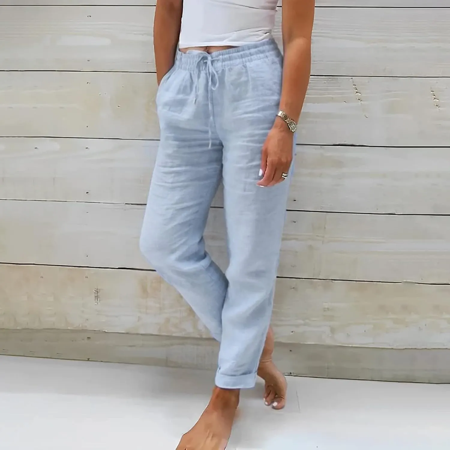 Women Cotton and Linen Summer Palazzo Pants Flowy Wide Leg Beach Pants High Waist Comfy Trousers with Pockets