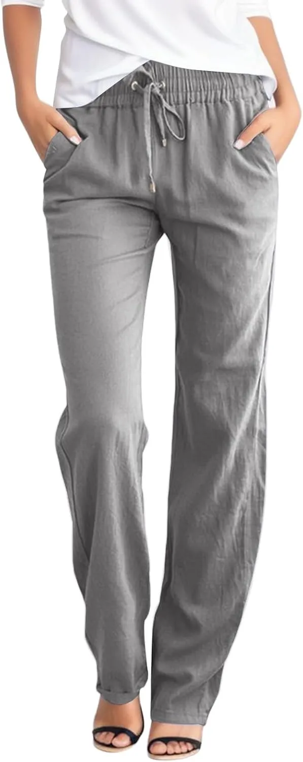 Women Cotton and Linen Summer Palazzo Pants Flowy Wide Leg Beach Pants High Waist Comfy Trousers with Pockets