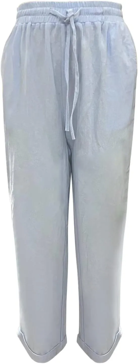 Women Cotton and Linen Summer Palazzo Pants Flowy Wide Leg Beach Pants High Waist Comfy Trousers with Pockets