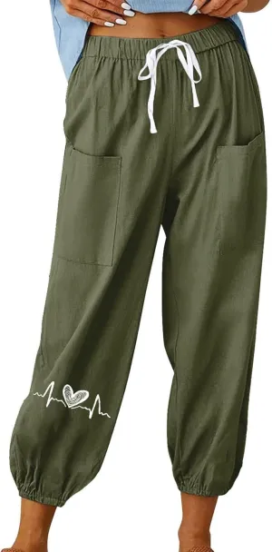 Women Cotton Linen Pants for Summer High Waisted Comfy Loose Casual Pant Trendy Graphic Printed Pants with Pockets