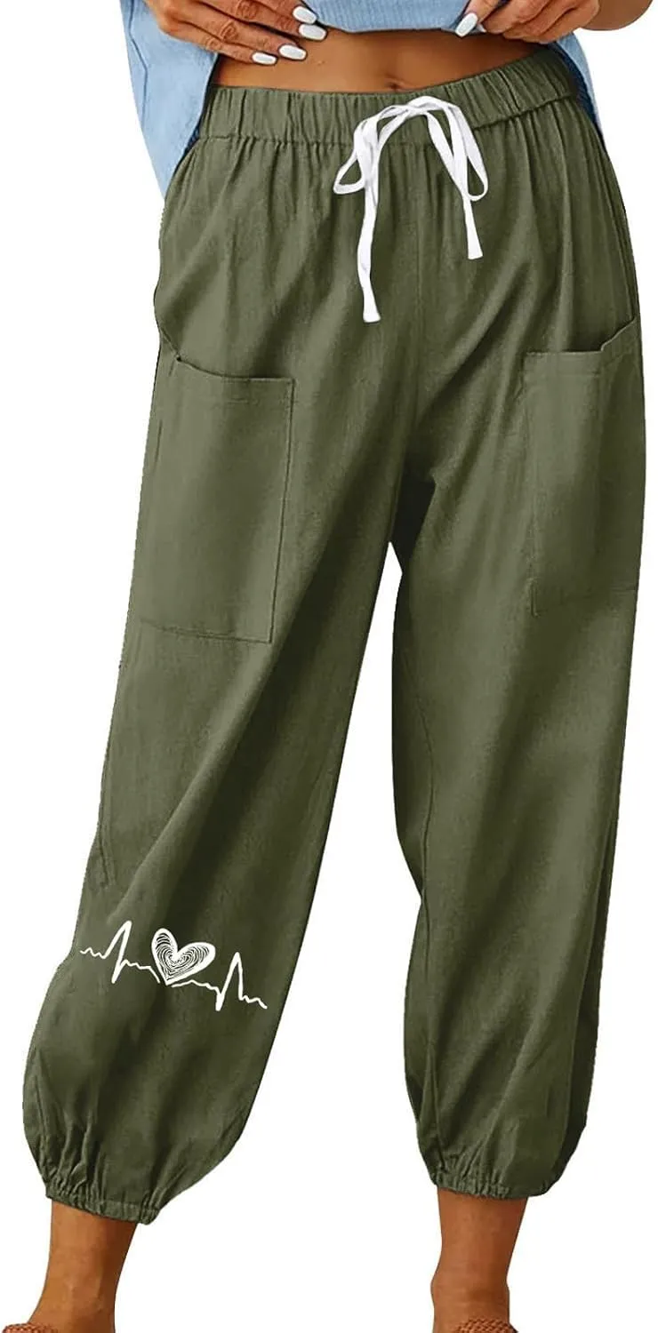 Women Cotton Linen Pants for Summer High Waisted Comfy Loose Casual Pant Trendy Graphic Printed Pants with Pockets