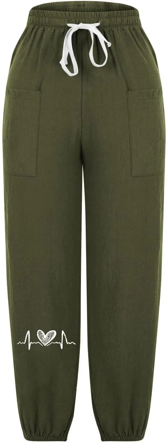 Women Cotton Linen Pants for Summer High Waisted Comfy Loose Casual Pant Trendy Graphic Printed Pants with Pockets