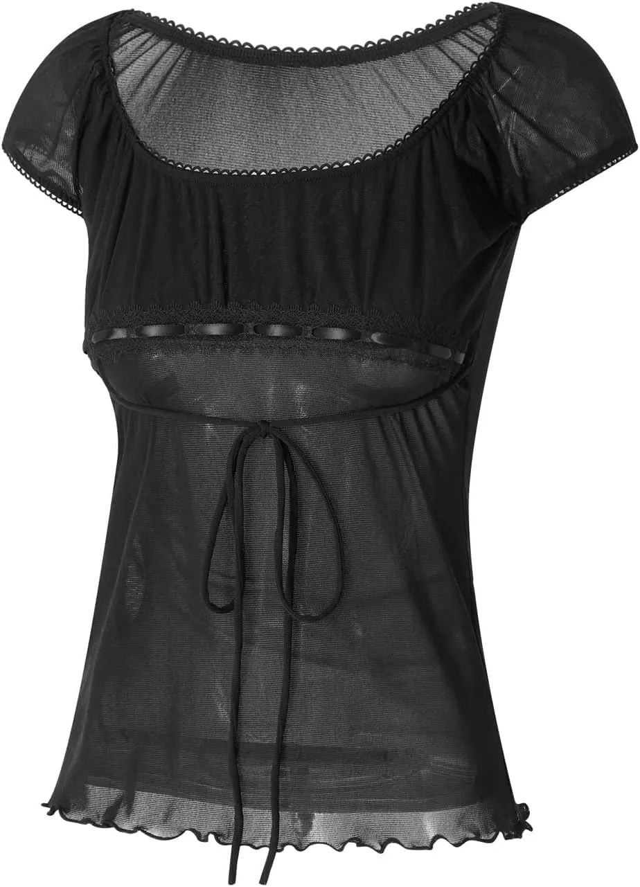 Women Fairy Grunge Y2k Shirts See Through Square Neck Lace Patchwork Tops Vintage Goth Aesthetic Clothing