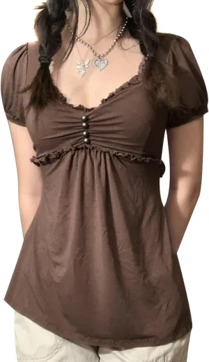 Women Fairy Grunge Y2k Shirts See Through Square Neck Lace Patchwork Tops Vintage Goth Aesthetic Clothing