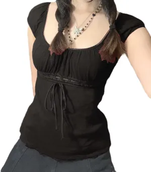 Women Fairy Grunge Y2k Shirts See Through Square Neck Lace Patchwork Tops Vintage Goth Aesthetic Clothing