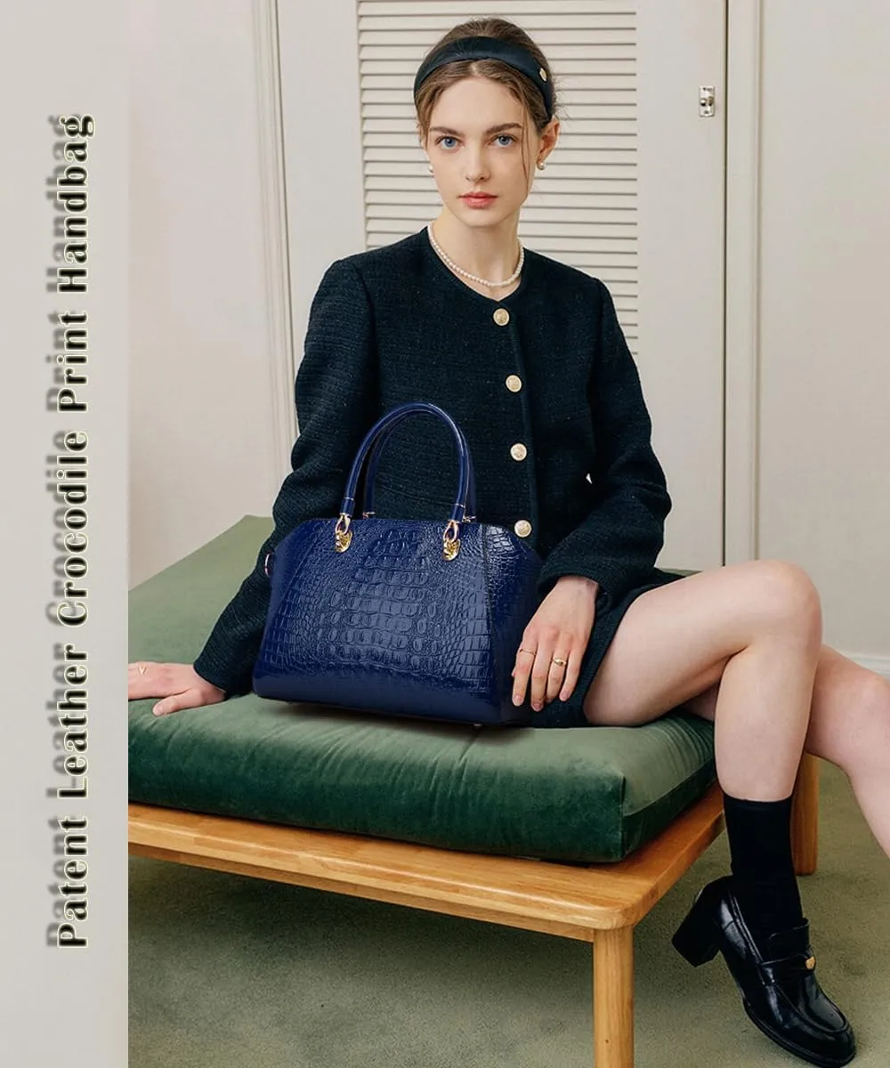 Women Fashion Crocodile Pattern Handbag and Purse Patent Leather Shiny Top-handle Tote Shopper Work Shoulder Satchel
