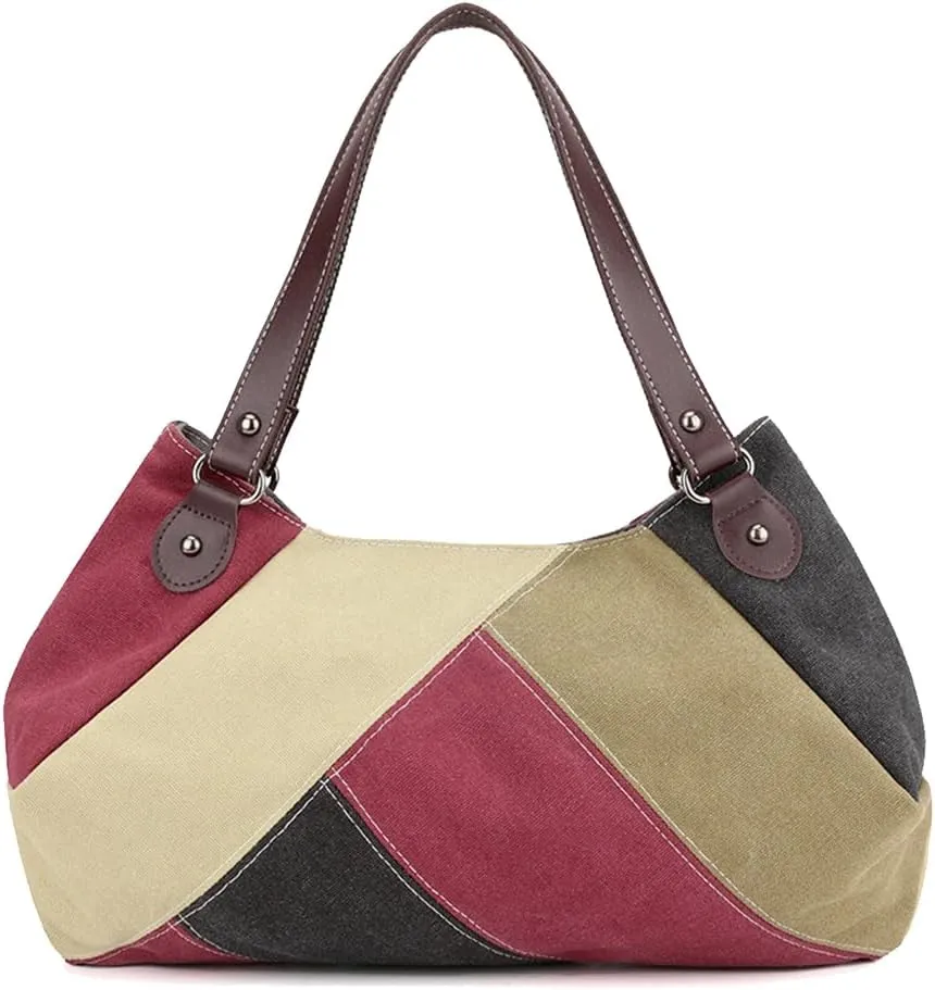 Women Handbag Multi-Color Splice Striped Shoulder Bag Canvas Tote Bag Large Capacity Top Handle Bag Casual Hobo Bag