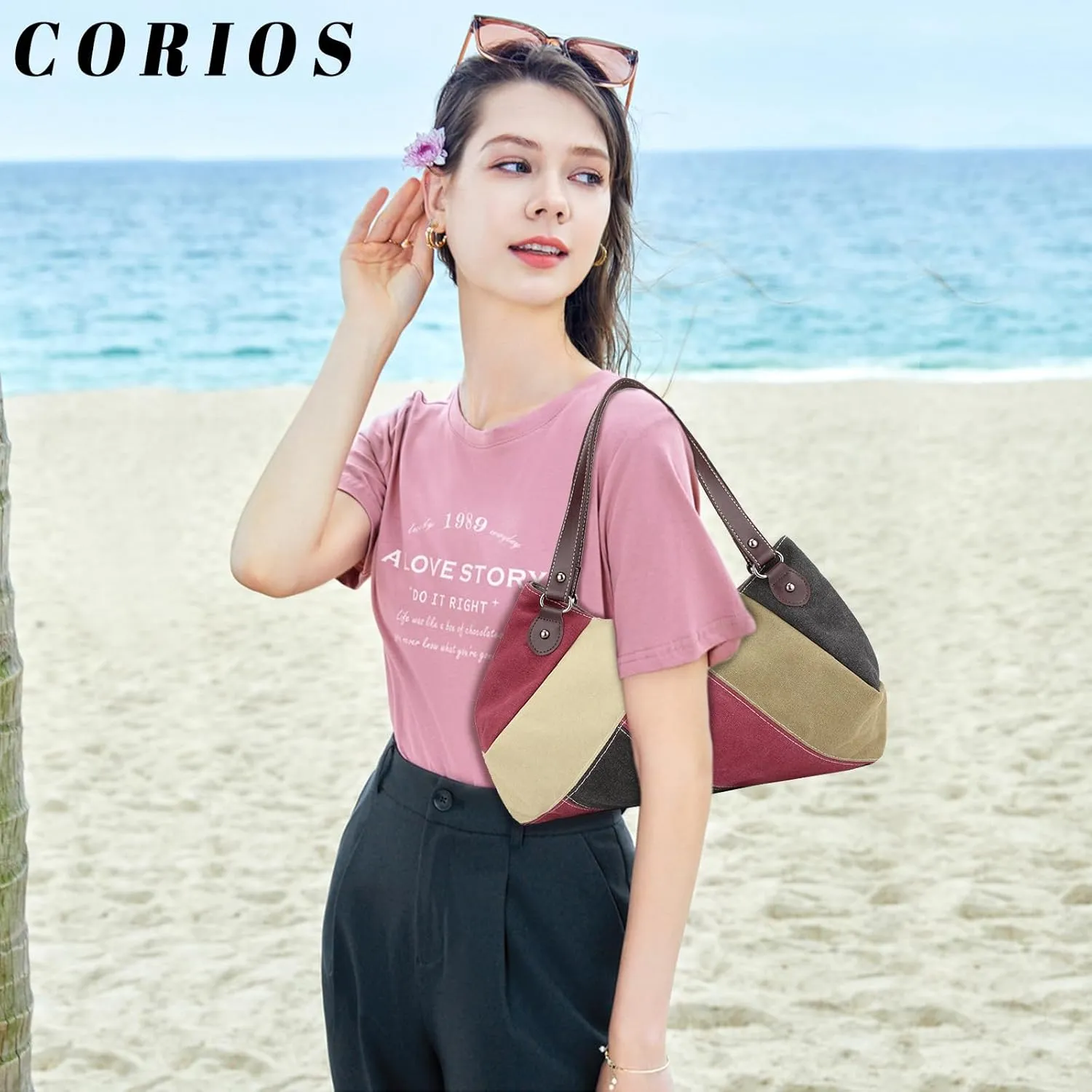 Women Handbag Multi-Color Splice Striped Shoulder Bag Canvas Tote Bag Large Capacity Top Handle Bag Casual Hobo Bag