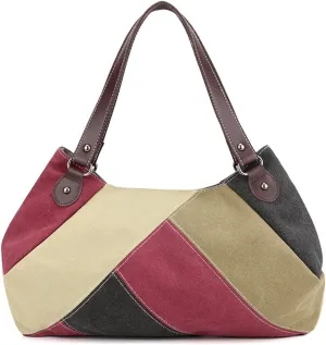 Women Handbag Multi-Color Splice Striped Shoulder Bag Canvas Tote Bag Large Capacity Top Handle Bag Casual Hobo Bag