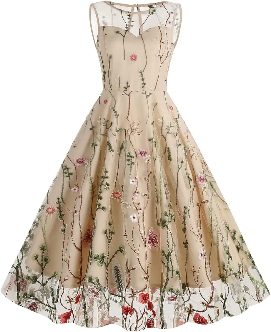 Women Keyhole Floral Embroidery Dress Sheer Mesh Illusion Vintage Cocktail Swing Dress Wedding Party Prom Tulle Evening Dress