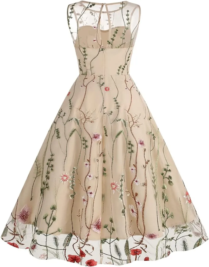 Women Keyhole Floral Embroidery Dress Sheer Mesh Illusion Vintage Cocktail Swing Dress Wedding Party Prom Tulle Evening Dress