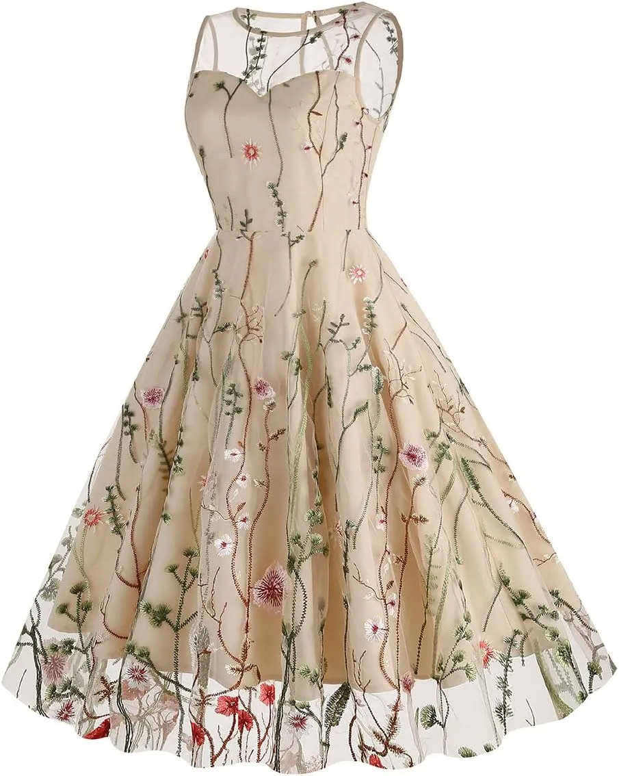 Women Keyhole Floral Embroidery Dress Sheer Mesh Illusion Vintage Cocktail Swing Dress Wedding Party Prom Tulle Evening Dress