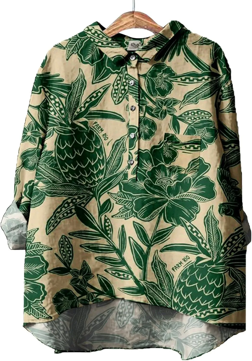 Women Long Sleeve Beach Shirt Printed Loose Fit Tee Tops Lapel Neck Button Blouses Long Short Sleeve Shirts for