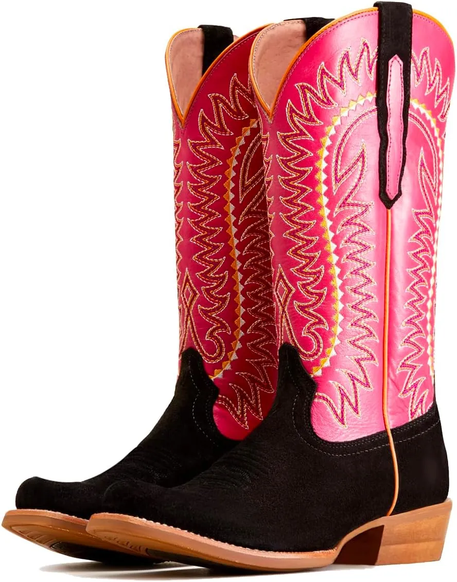 Women Mid Calf Cowboy Boots Embroidered Square Toe Chunky Heel Western Boots Calf High Two Tone 2” Stacked Heel Cowgirl Calf Boots Patchwork Matte Suede Pull On Wide Calf 4-11 M US