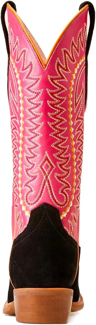 Women Mid Calf Cowboy Boots Embroidered Square Toe Chunky Heel Western Boots Calf High Two Tone 2” Stacked Heel Cowgirl Calf Boots Patchwork Matte Suede Pull On Wide Calf 4-11 M US