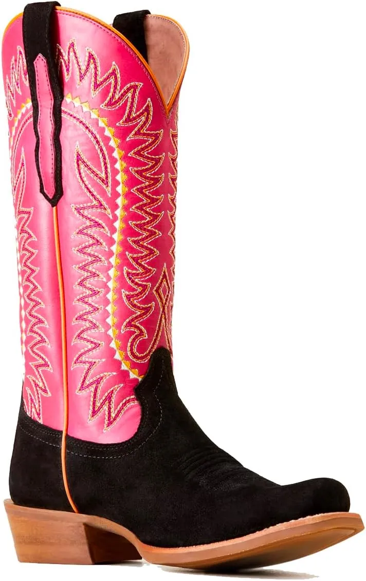 Women Mid Calf Cowboy Boots Embroidered Square Toe Chunky Heel Western Boots Calf High Two Tone 2” Stacked Heel Cowgirl Calf Boots Patchwork Matte Suede Pull On Wide Calf 4-11 M US