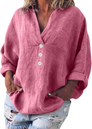 Women Oversized Button Down Shirts Long Sleeve Cotton Linen Tops for Women Loose Fit V Neck Cotton Linen Shirt