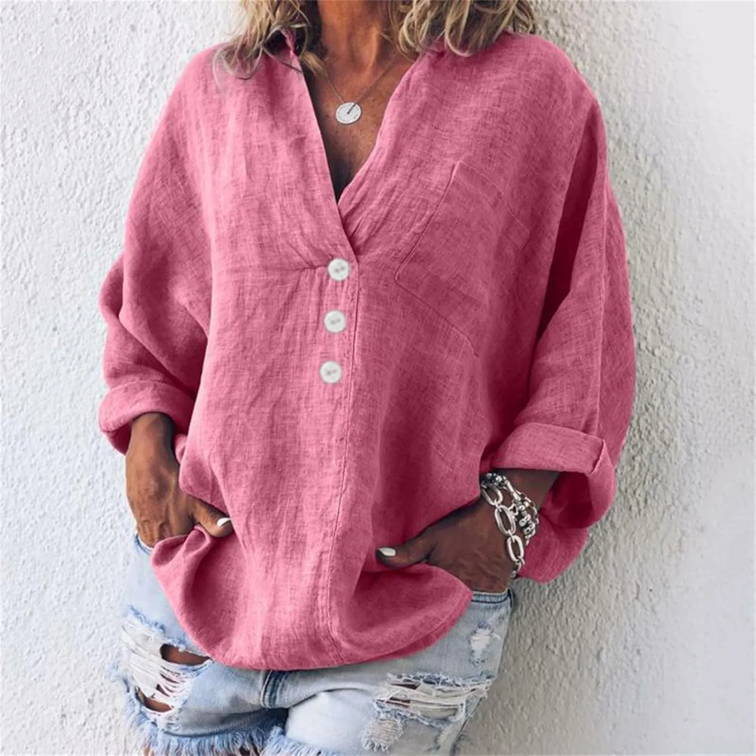 Women Oversized Button Down Shirts Long Sleeve Cotton Linen Tops for Women Loose Fit V Neck Cotton Linen Shirt