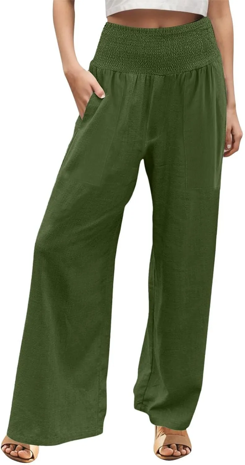 Women Palazzo Linen Pants Smocked High Waisted Wide Leg Pants Casual Summer Beach Pants Lounge Trousers with Pockets