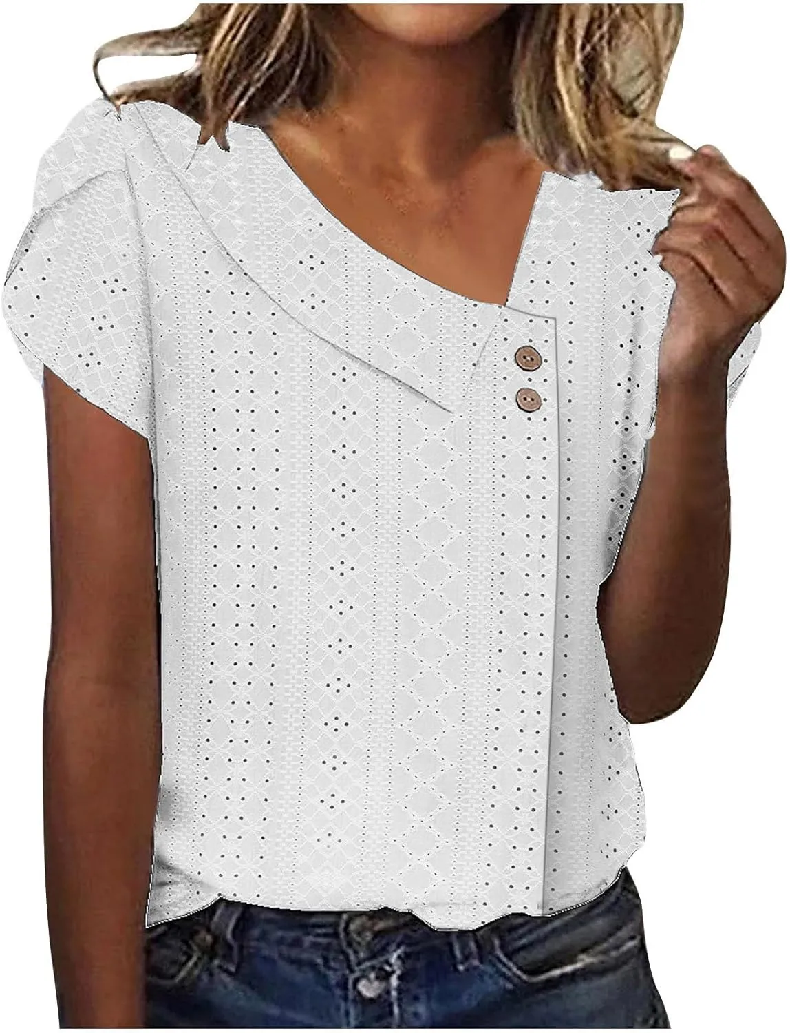 Women Petal Short Sleeve V Neck T Shirts Loose Summer Casual Solid Tops T-Shirt Tunics Eyelet Fashion Design Blouse
