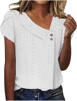 Women Petal Short Sleeve V Neck T Shirts Loose Summer Casual Solid Tops T-Shirt Tunics Eyelet Fashion Design Blouse