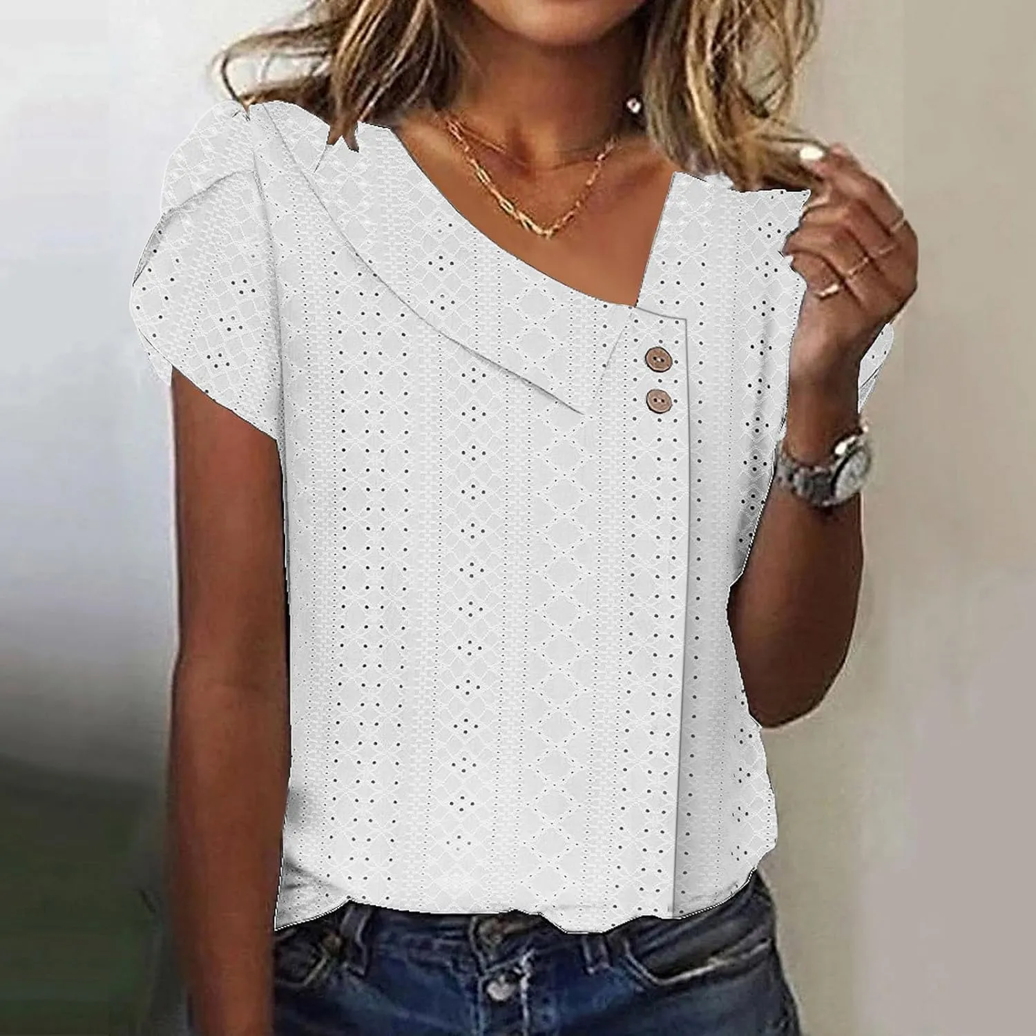 Women Petal Short Sleeve V Neck T Shirts Loose Summer Casual Solid Tops T-Shirt Tunics Eyelet Fashion Design Blouse