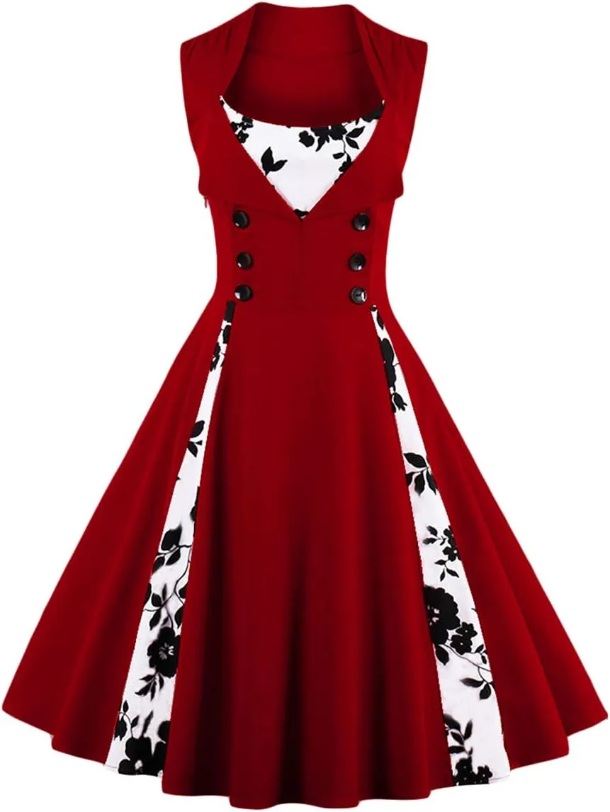 Women Polka Dot Retro Vintage Style Cocktail Party Swing Dress Double Breasted Floral 1950s Dress Patchwork 50s Audrey Dress