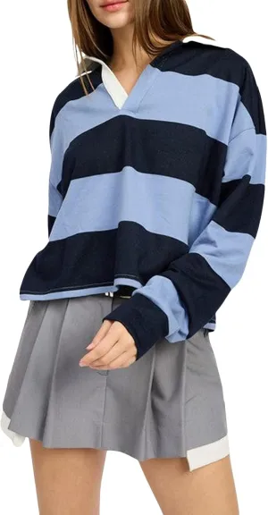 Women Rugby Polo Shirt Vintage Long Sleeve Oversized Striped Shirt Y2k Lapel Collar Pullover Crop Top 90s Streetwear