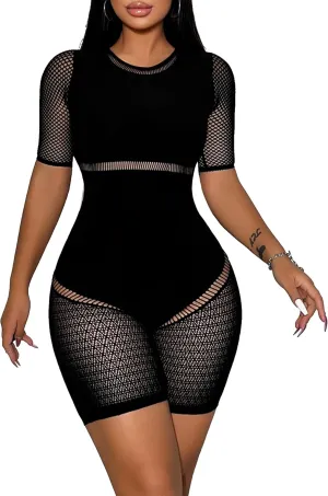 Women Sexy See Through Mesh Short Sleeve Club Bodycon Rave One Piece Jumpsuit