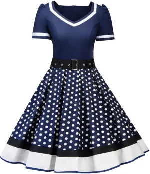 Women Short Sleeve 1950s Retro Vintage Cocktail Party Swing Dress Polka Dot Audrey Dress Casual A-Line Work Dress with Belt