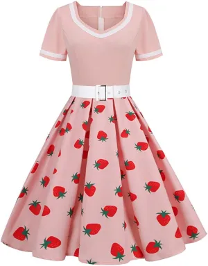 Women Short Sleeve 1950s Retro Vintage Cocktail Party Swing Dress Polka Dot Audrey Dress Casual A-Line Work Dress with Belt