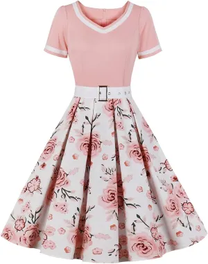 Women Short Sleeve 1950s Retro Vintage Cocktail Party Swing Dress Polka Dot Audrey Dress Casual A-Line Work Dress with Belt