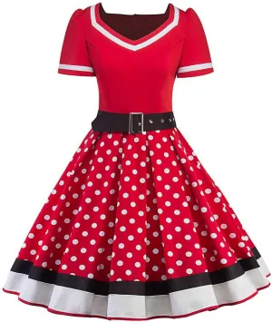 Women Short Sleeve 1950s Retro Vintage Cocktail Party Swing Dress Polka Dot Audrey Dress Casual A-Line Work Dress with Belt