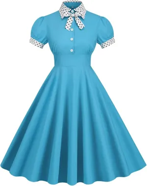 Women Short Sleeve Tie Neck Vintage Cocktail Party Dress Buttons Down 50s Flared A-Line Casual Office Work Prom Swing Dress