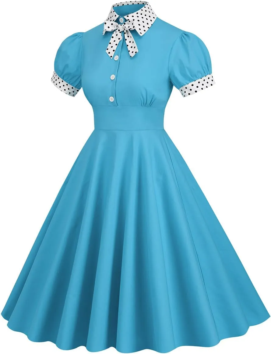 Women Short Sleeve Tie Neck Vintage Cocktail Party Dress Buttons Down 50s Flared A-Line Casual Office Work Prom Swing Dress