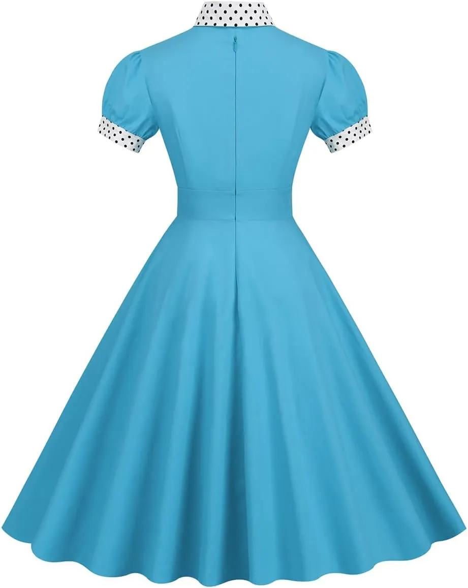 Women Short Sleeve Tie Neck Vintage Cocktail Party Dress Buttons Down 50s Flared A-Line Casual Office Work Prom Swing Dress