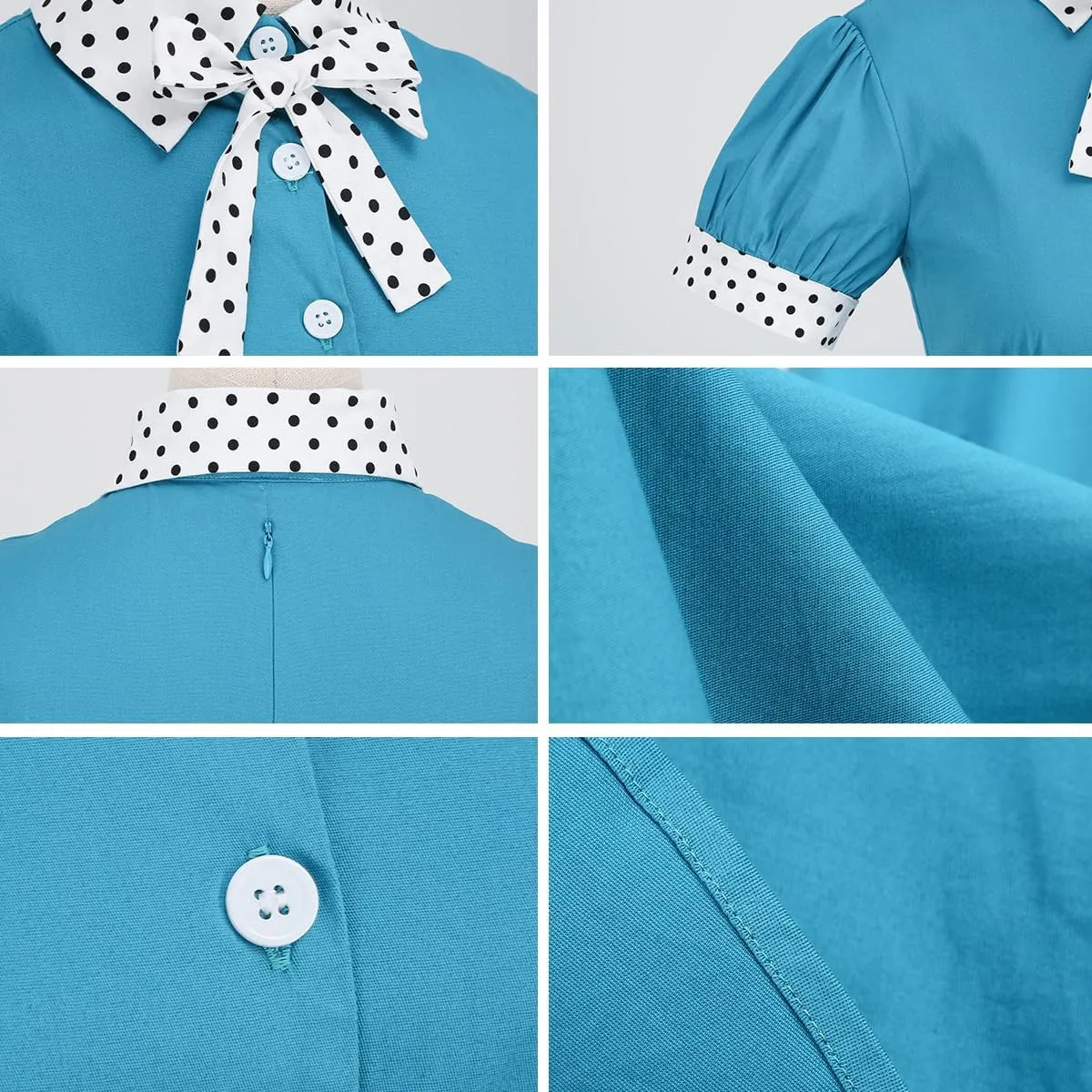 Women Short Sleeve Tie Neck Vintage Cocktail Party Dress Buttons Down 50s Flared A-Line Casual Office Work Prom Swing Dress