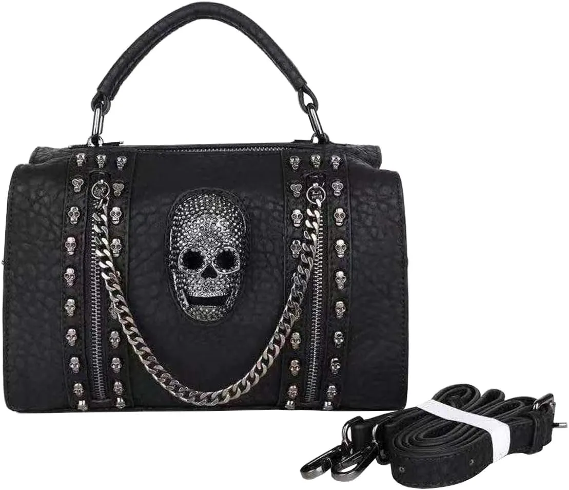 Women Skull Shoulder Bag Rivet Studded Handbag Metal Chain PU Satchels Purses